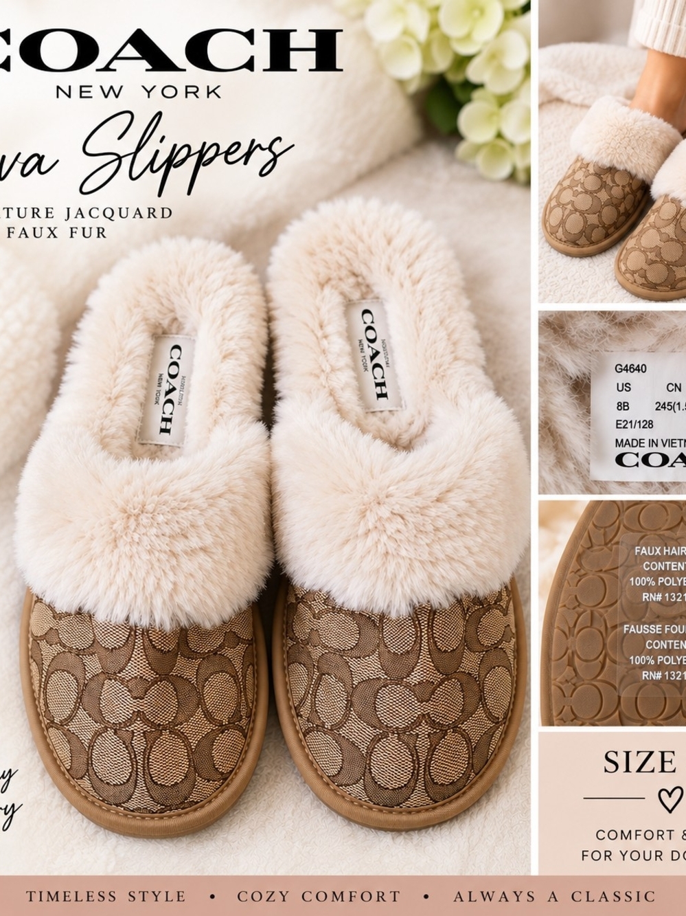 COACH Ziva G4640 Signature Jacquard Faux Fur Slippers Size 8B